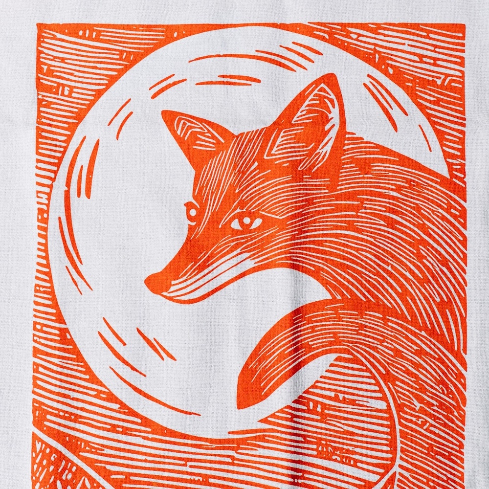 Fox in the Moonlight Organic Cotton Tea Towel Hand Printed with Orange Ink